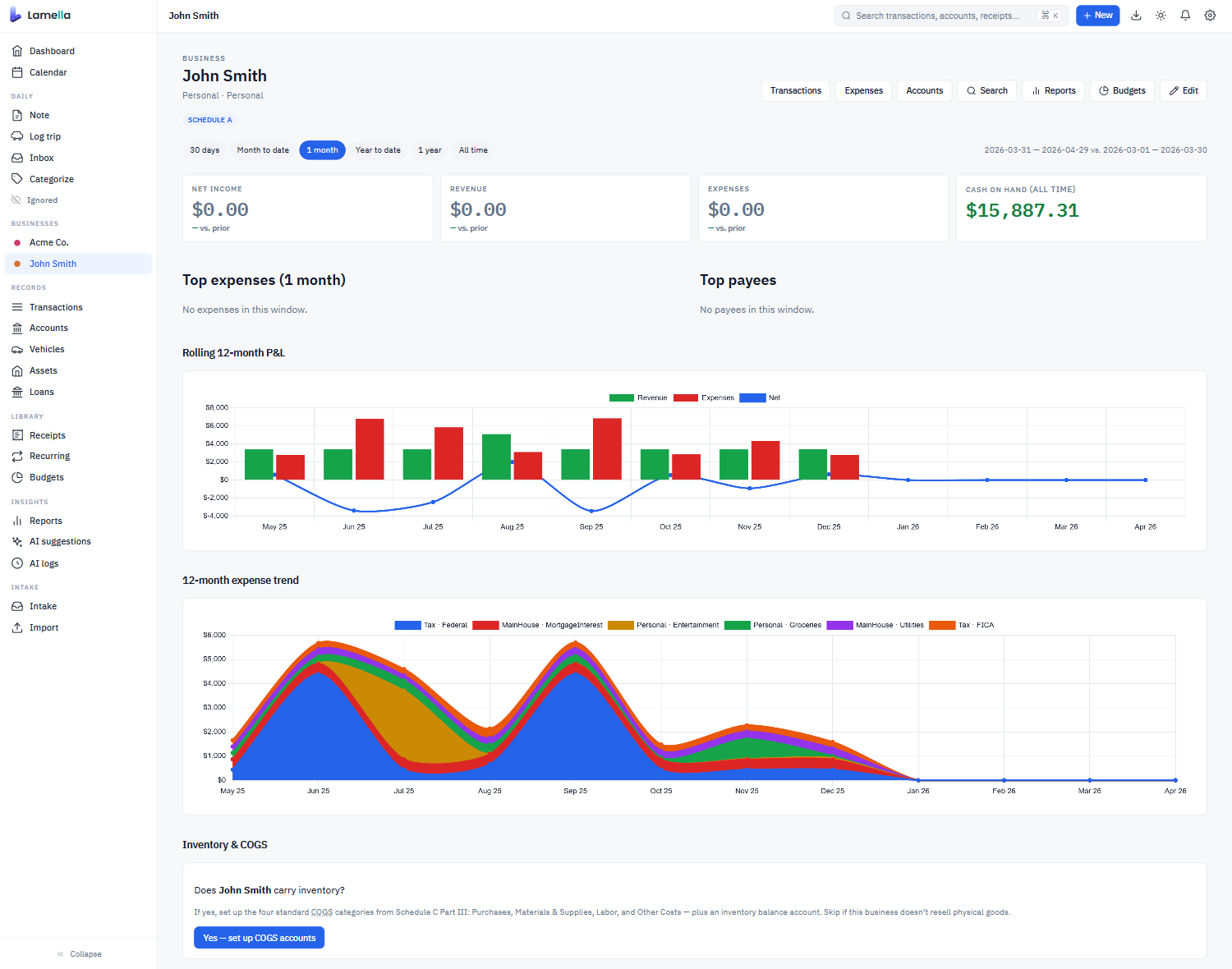 Business entity dashboard