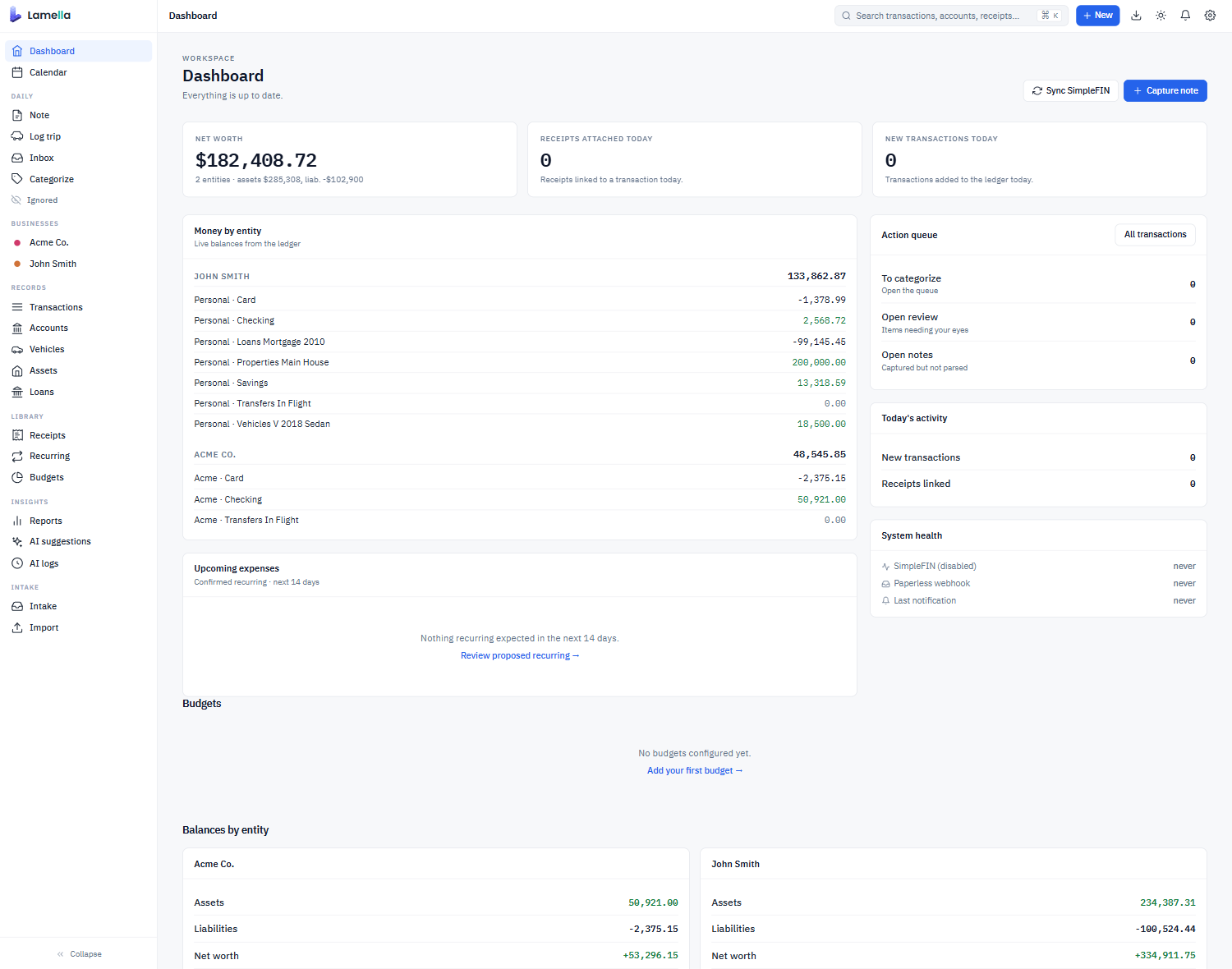 Lamella dashboard showing net activity and the next thing to triage