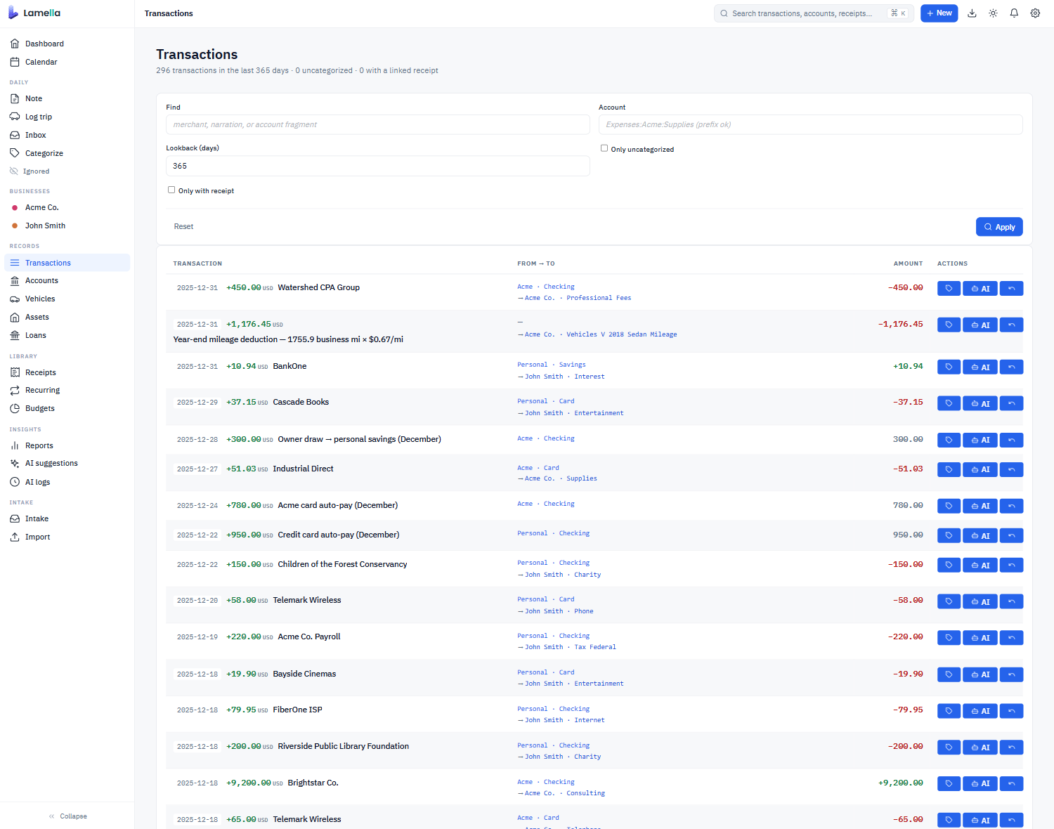 Transactions list with filters